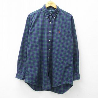 ラルフローレン(Ralph Lauren)のXL★古着 ラルフローレン Ralph Lauren 長袖 ブランド シャツ メンズ 90年代 90s ワンポイントロゴ BLAKE ロング丈 コットン ボタンダウン 緑他 グリーン タータン チェック 24jan09 中古 トップス(シャツ)