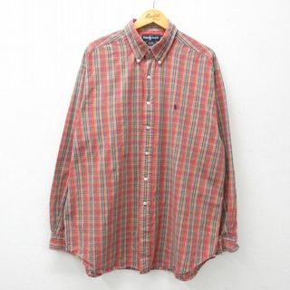 ラルフローレン(Ralph Lauren)のXL★古着 ラルフローレン Ralph Lauren 長袖 ブランド シャツ メンズ 90年代 90s ワンポイントロゴ BLAKE 大きいサイズ ロング丈 コットン ボタンダウン 赤他 レッド チェック 24jan09 中古 トップス(シャツ)