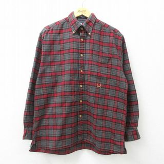 トミーヒルフィガー(TOMMY HILFIGER)のXL★古着 トミーヒルフィガー TOMMY HILFIGER 長袖 ブランド ヘビー フランネル シャツ メンズ 90年代 90s ワンポイントロゴ コットン ボタンダウン 濃グレー他 チェック 24jan08 中古 トップス(シャツ)