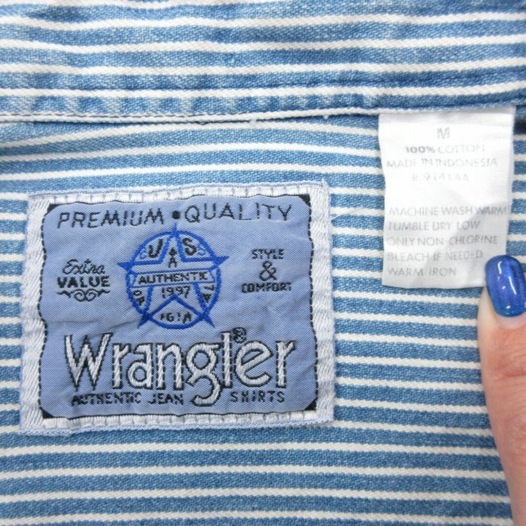 Wrangler(ラングラー)のM★古着 ラングラー Wrangler 長袖 シャツ メンズ 00年代 00s コットン 紺他 ネイビー デニム ストライプ 24jan05 中古 トップス メンズのトップス(シャツ)の商品写真