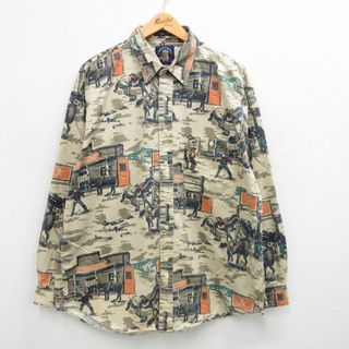 XL★古着 長袖 シャツ メンズ 90年代 90s 馬 カウボーイ コットン ベージュ他 カーキ 24jan08 中古 トップス(シャツ)