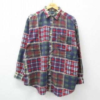 XL★古着 アロー 長袖 シャツ メンズ クレイジーパターン 大きいサイズ ロング丈 赤他 レッド チェック 24jan10 中古 トップス