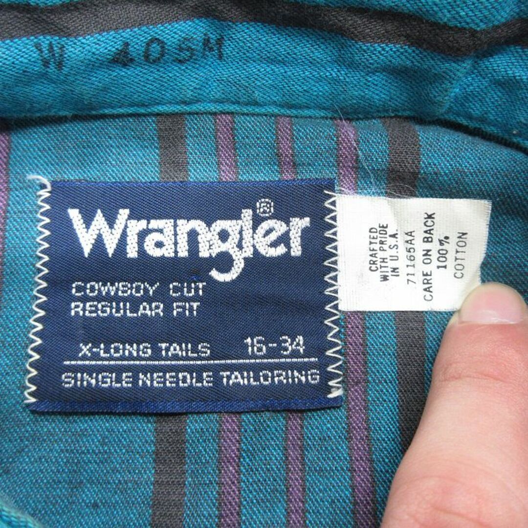 Wrangler(ラングラー)のL★古着 ラングラー Wrangler 長袖 ウエスタン シャツ メンズ 90年代 90s コットン ボタンダウン USA製 青緑他 ストライプ 24jan06 中古 トップス メンズのトップス(シャツ)の商品写真