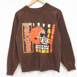 M★古着 長袖 スウェット メンズ 80年代 80s NFL クリーブランドブラウンズ ラグラン クルーネック 茶 ブラウン アメフト スーパーボウル 24jan05 中古 スエット トレーナー トップス(パーカー)