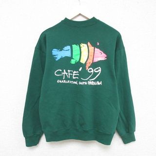 ヘインズ(Hanes)のL★古着 ヘインズ Hanes 長袖 スウェット メンズ 90年代 90s カフェ99 サウスカロライナ チャールストン 魚 クルーネック USA製 緑 グリーン 【spe】 24jan05 中古 スエット トレーナー トップス(パーカー)