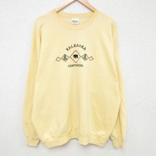 ヘインズ(Hanes)のXL★古着 ヘインズ Hanes 長袖 スウェット メンズ 00年代 00s カルカスカ クマ 木 刺繍 大きいサイズ クルーネック 黄 イエロー 24jan06 中古 スエット トレーナー トップス(パーカー)