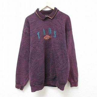 XL★古着 長袖 スウェット メンズ 90年代 90s タオス 刺繍 大きいサイズ 襟付き USA製 濃紫 パープル 24jan09 中古 スエット トレーナー トップス(パーカー)