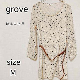 グローブ(grove)の[grove]グローブ　レディース　水玉　ドット柄　ベルト付き　ワンピース　M(ひざ丈ワンピース)