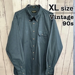 ヴィンテージ(VINTAGE)のUSA古着　90s　ボタンダウンシャツ　XL　グリーン　緑　チェック柄　長袖(シャツ)