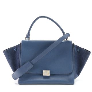 セリーヌ(celine)の美品 セリーヌ トラペーズ ミディアム レザー 2WAY ショルダーバッグ 肩掛け トート ハンド 本革 ネイビー レディース EEM T12-8(ショルダーバッグ)