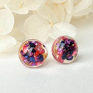 ピンク パープル キラキラ ピアス ステンレス レジン 丸 華やか【319】(ピアス)