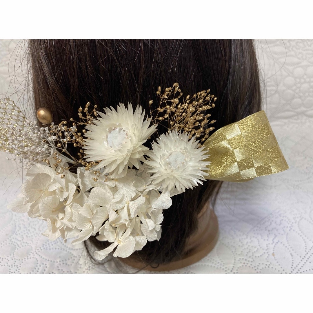 髪飾り　白金シルバーデイジー市松リボンR-453    卒業式髪飾り　結婚式 レディースのヘアアクセサリー(ヘアピン)の商品写真