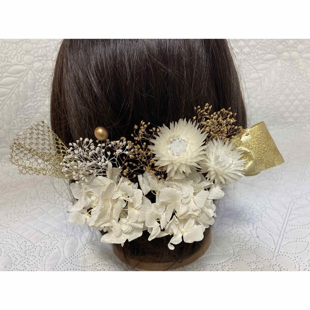 髪飾り　白金シルバーデイジー市松リボンR-453    卒業式髪飾り　結婚式 レディースのヘアアクセサリー(ヘアピン)の商品写真