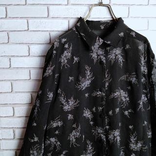 ヴィンテージ(VINTAGE)の柄シャツ☆ブラウス　長袖　シアー　ボタニカル　花　総柄　黒　グレー(シャツ/ブラウス(長袖/七分))