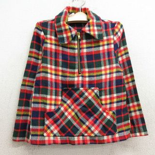 古着 長袖 ハーフジップ ジャケット キッズ ボーイズ 子供服 80年代 80s タロン 赤他 レッド チェック 24jan12(シャツ/カットソー)