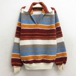 古着 長袖 フリース トップス キッズ ボーイズ 子供服 80年代 80s 開襟 オープンカラー エンジ他 ボーダー 24jan13(シャツ/カットソー)