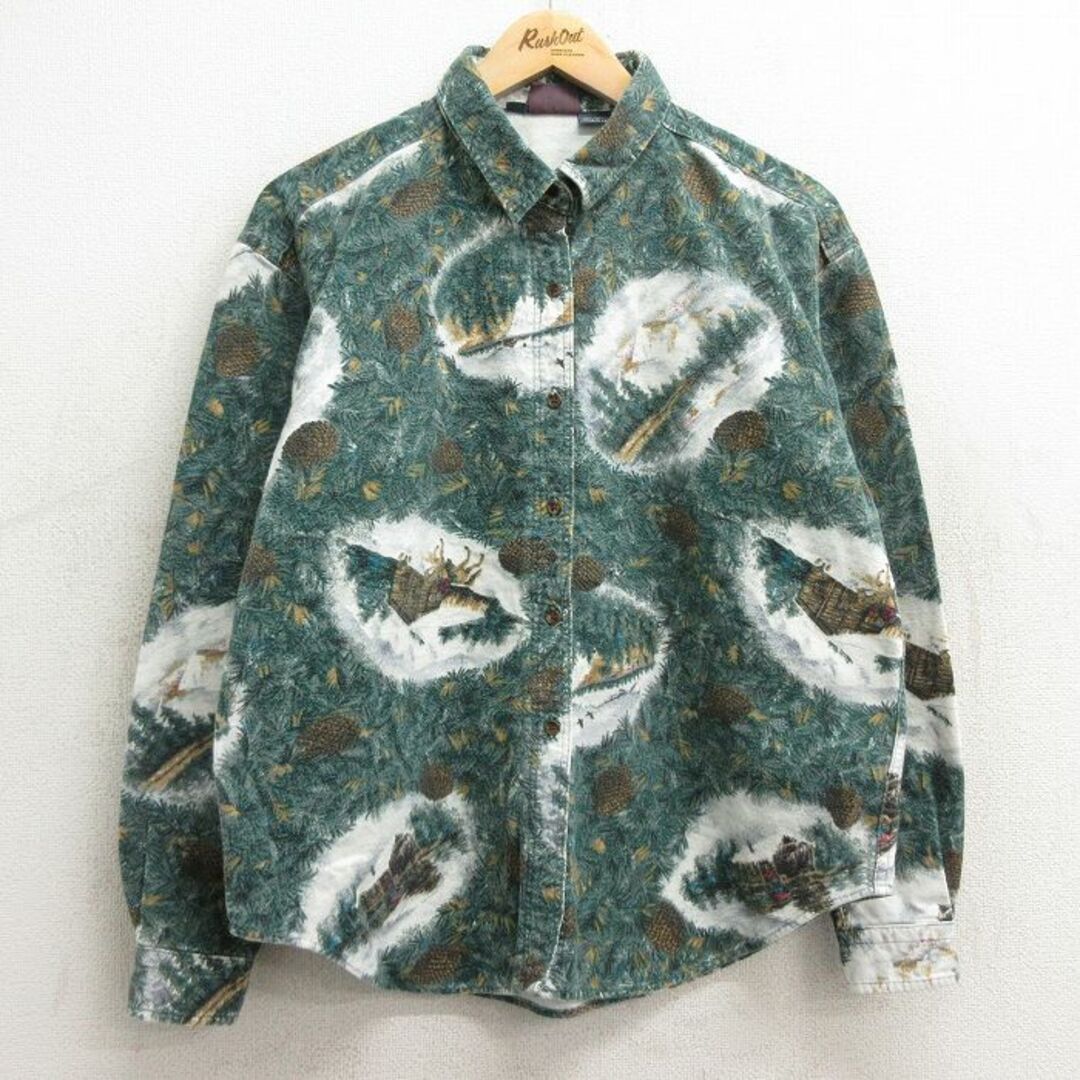 WOOLRICH(ウールリッチ)の古着 ウールリッチ WOOLRICH 長袖 フランネル シャツ レディース 90年代 90s 松ぼっくり 小屋 総柄 コットン USA製 緑他 グリーン 24jan17 中古 ブラウス トップス レディースのトップス(ポロシャツ)の商品写真