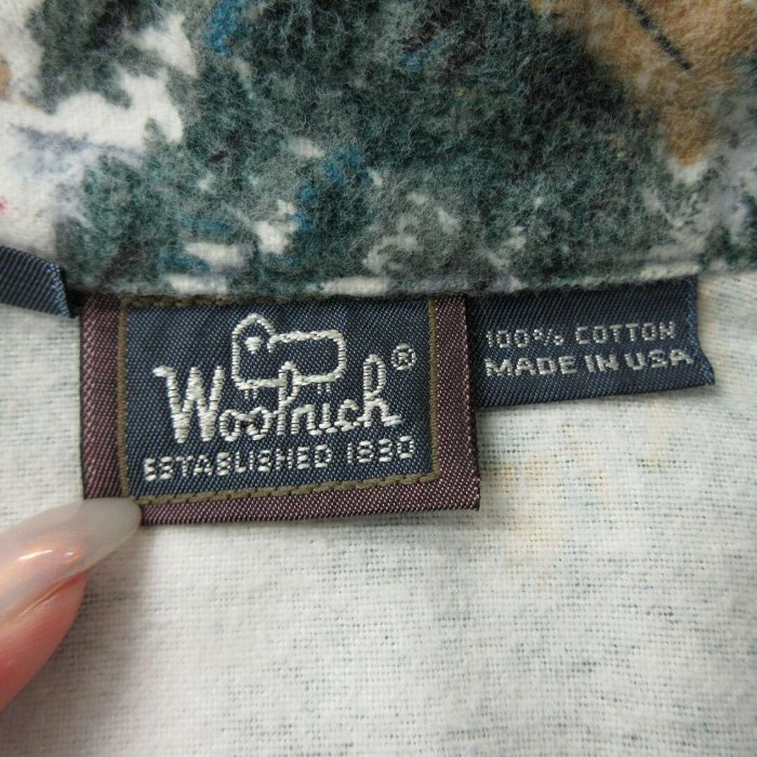 WOOLRICH(ウールリッチ)の古着 ウールリッチ WOOLRICH 長袖 フランネル シャツ レディース 90年代 90s 松ぼっくり 小屋 総柄 コットン USA製 緑他 グリーン 24jan17 中古 ブラウス トップス レディースのトップス(ポロシャツ)の商品写真