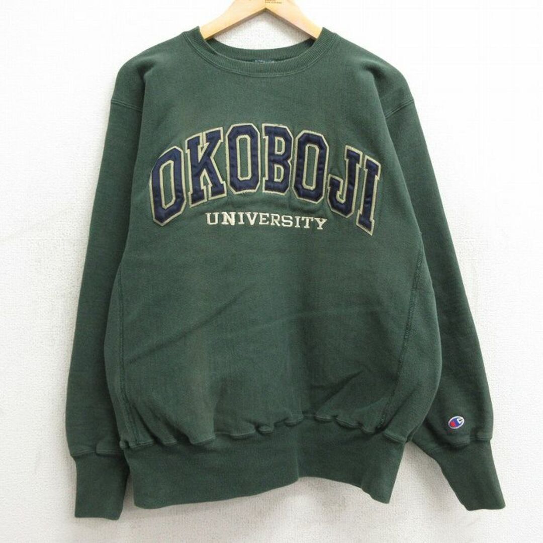 Champion(チャンピオン)のL★古着 長袖 チャンピオン Champion リバースウィーブ メンズ 90年代 90s オコボジ 大学 クルーネック 緑 グリーン 24jan11 中古 スウェット スエット トレーナー トップス メンズのトップス(パーカー)の商品写真