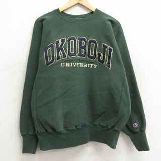 チャンピオン(Champion)のL★古着 長袖 チャンピオン Champion リバースウィーブ メンズ 90年代 90s オコボジ 大学 クルーネック 緑 グリーン 24jan11 中古 スウェット スエット トレーナー トップス(パーカー)