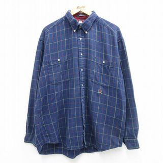 トミーヒルフィガー(TOMMY HILFIGER)のXL★古着 トミーヒルフィガー TOMMY HILFIGER 長袖 ブランド シャツ メンズ 90年代 90s ワンポイントロゴ 大きいサイズ コットン ボタンダウン 紺 ネイビー チェック 24jan17 中古 トップス(シャツ)