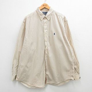 ラルフローレン(Ralph Lauren)のXL★古着 ラルフローレン Ralph Lauren 長袖 ブランド シャツ メンズ 90年代 90s ワンポイントロゴ YARMOUTH 大きいサイズ ロング丈 コットン ボタンダウン ベージュ カーキ ストライプ 24jan17 中古 トップス(シャツ)