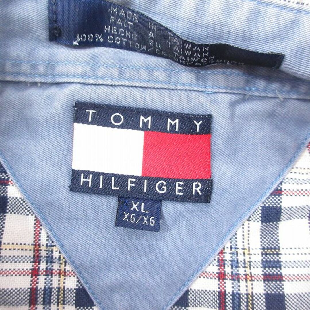 TOMMY HILFIGER(トミーヒルフィガー)のXL★古着 トミーヒルフィガー TOMMY HILFIGER 長袖 ブランド シャツ メンズ 90年代 90s ワンポイントロゴ 大きいサイズ ロング丈 コットン ボタンダウン 白系他 ホワイト チェック 24jan18 中古 トップス メンズのトップス(シャツ)の商品写真