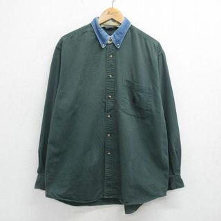 ノーティカ(NAUTICA)のXL★古着 ノーティカ NAUTICA 長袖 ブランド シャツ メンズ 90年代 90s ワンポイントロゴ コットン ボタンダウン 襟デニム 緑他 グリーン 24jan20 中古 トップス(シャツ)