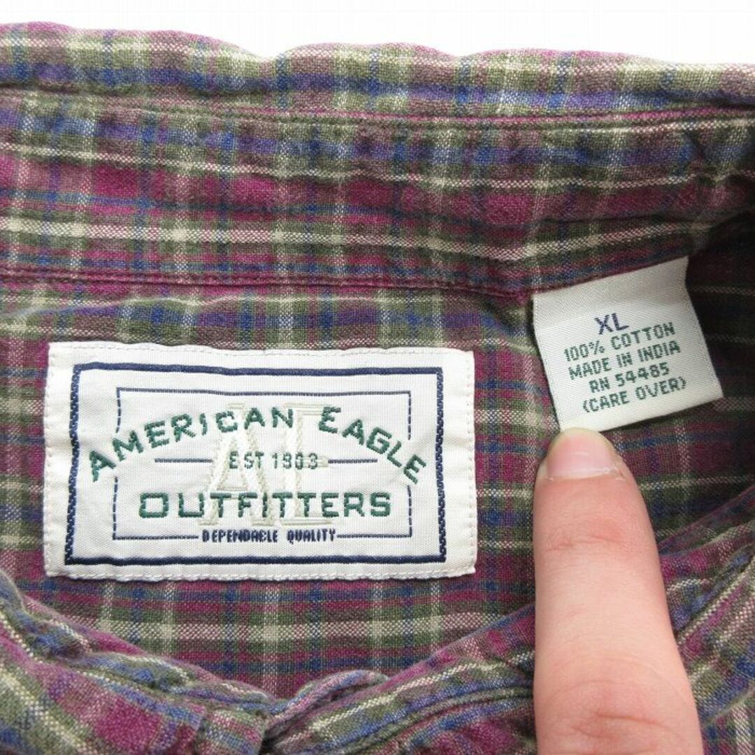 American Eagle(アメリカンイーグル)のXL★古着 アメリカンイーグル American Eagle 長袖 ブランド シャツ メンズ 00年代 00s ロング丈 コットン エンジ系他 チェック 24jan20 中古 トップス メンズのトップス(シャツ)の商品写真