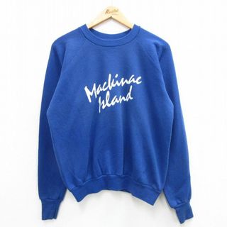 ヘルスニット(Healthknit)のM★古着 ヘルスニット 長袖 スウェット メンズ 80年代 80s マキノー島 ラグラン クルーネック USA製 青 ブルー 24jan17 中古 スエット トレーナー トップス(パーカー)