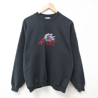 ヘインズ(Hanes)のL★古着 ヘインズ Hanes 長袖 スウェット メンズ 90年代 90s サンタフェ 刺繍 クルーネック USA製 黒 ブラック 24jan11 中古 スエット トレーナー トップス(パーカー)