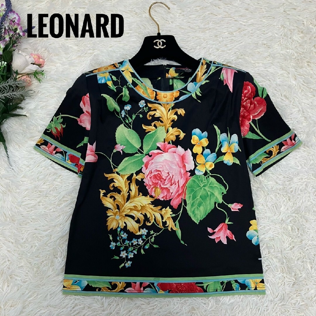 LEONARD - 美品✨レオナール LEONARD カットソー トリム 花柄M 黒の