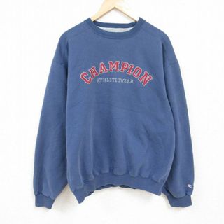 チャンピオン(Champion)のXL★古着 チャンピオン Champion 長袖 スウェット メンズ 00年代 00s ビッグロゴ 刺繍 大きいサイズ クルーネック 薄紺 ネイビー 24jan13 中古 スエット トレーナー トップス(パーカー)