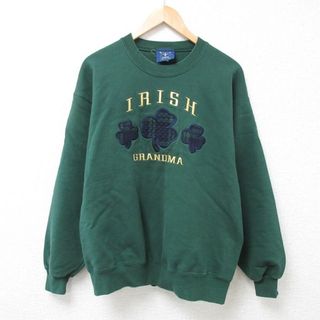 L★古着 長袖 スウェット メンズ 90年代 90s IRISH グランマ クローバー 刺繍 クルーネック USA製 濃緑 グリーン 24jan15 中古 スエット トレーナー トップス(パーカー)