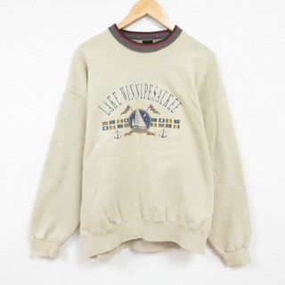 XL★古着 長袖 スウェット メンズ 90年代 90s ウィニペソーキー湖 大きいサイズ クルーネック USA製 ベージュ カーキ 霜降り 24jan16 中古 スエット トレーナー トップス(パーカー)