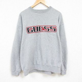 ゲス(GUESS)のXL★古着 ゲス GUESS 長袖 スウェット メンズ ビッグロゴ 刺繍 大きいサイズ クルーネック グレー 霜降り 24jan16 中古 スエット トレーナー トップス(パーカー)