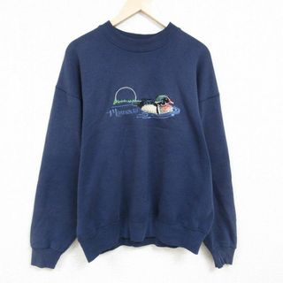 フルーツオブザルーム(FRUIT OF THE LOOM)のXL★古着 フルーツオブザルーム 長袖 スウェット メンズ 90年代 90s カモ 刺繍 大きいサイズ クルーネック USA製 紺 ネイビー 24jan19 中古 スエット トレーナー トップス(パーカー)