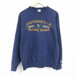 スターター(STARTER)のL★古着 スターター STARTER 長袖 スウェット メンズ 90年代 90s ノートルダム 大学 刺繍 クルーネック USA製 紺 ネイビー 24jan19 中古 スエット トレーナー トップス(パーカー)