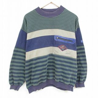 XL★古着 TODAYS NEWS 長袖 スウェット メンズ 90年代 90s マルチカラー クルーネック 緑他 グリーン ボーダー 24jan20 中古 スエット トレーナー トップス(パーカー)