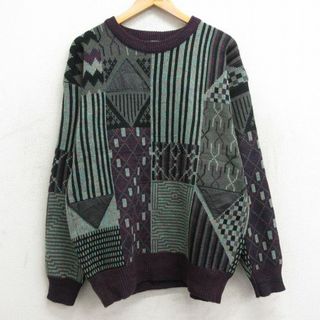 L★古着 長袖 セーター メンズ 90年代 90s レザー使用 アクリル クルーネック 紫他 パープル 24jan13 中古 ニット トップス(ニット/セーター)