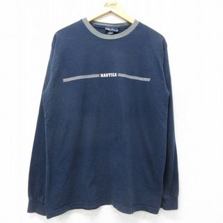 ノーティカ(NAUTICA)のL★古着 ノーティカ NAUTICA 長袖 ブランド Tシャツ メンズ 90年代 90s ロゴ コットン クルーネック 紺 ネイビー 24jan16 中古(Tシャツ/カットソー(半袖/袖なし))