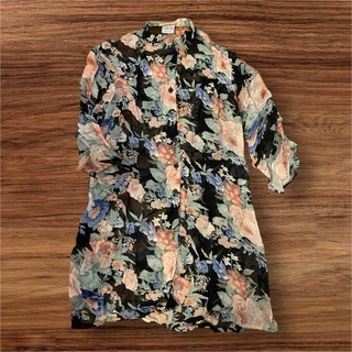 MIMI collection ロングシャツ 花柄 ブラック インド製(シャツ/ブラウス(半袖/袖なし))