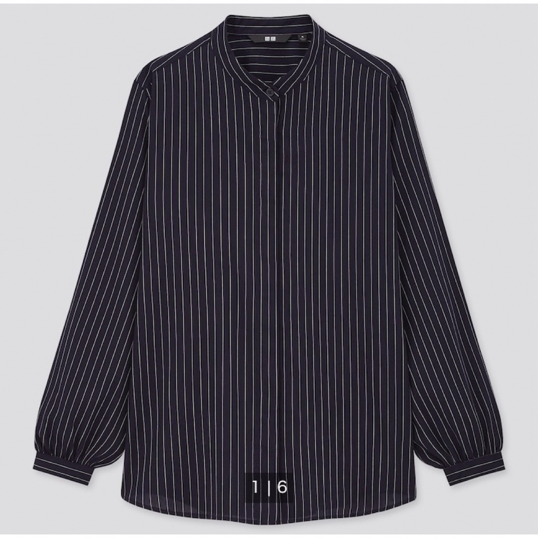 UNIQLO(ユニクロ)のユニクロ レーヨン バンドカラー ストライプ ブラウス XL ネイビー レディースのトップス(シャツ/ブラウス(長袖/七分))の商品写真