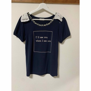 値下【LODISPOTTO】ネイビー　キラキラビーズ＆リボン付　Tシャツ　M
