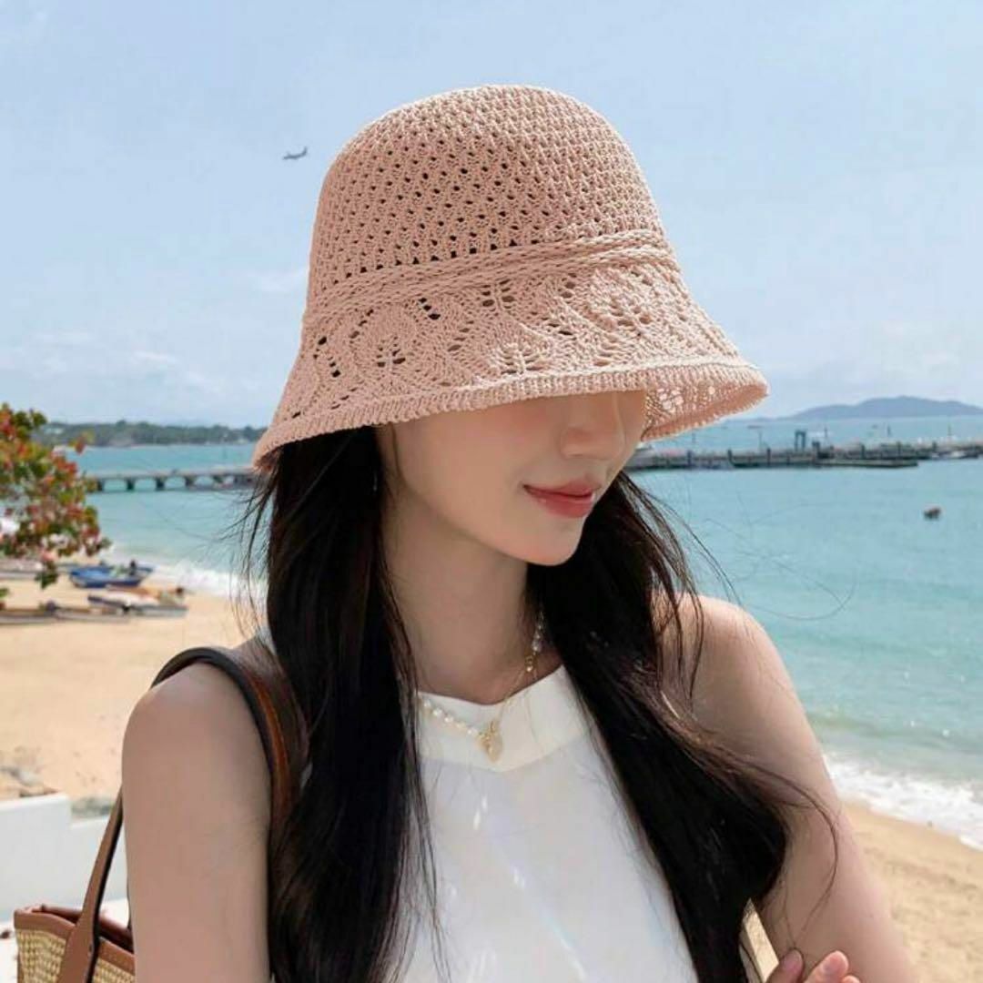 帽子 レディース バケットハット 夏 シースルー 麦わら帽子 韓国 ピンク レディースの帽子(麦わら帽子/ストローハット)の商品写真