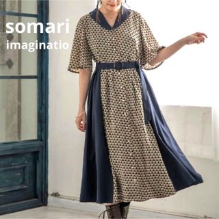 ソマリ(somari)のsomari ワンピース ロング Aライン フレア XL 大きいサイズ 5分袖(ロングワンピース/マキシワンピース)