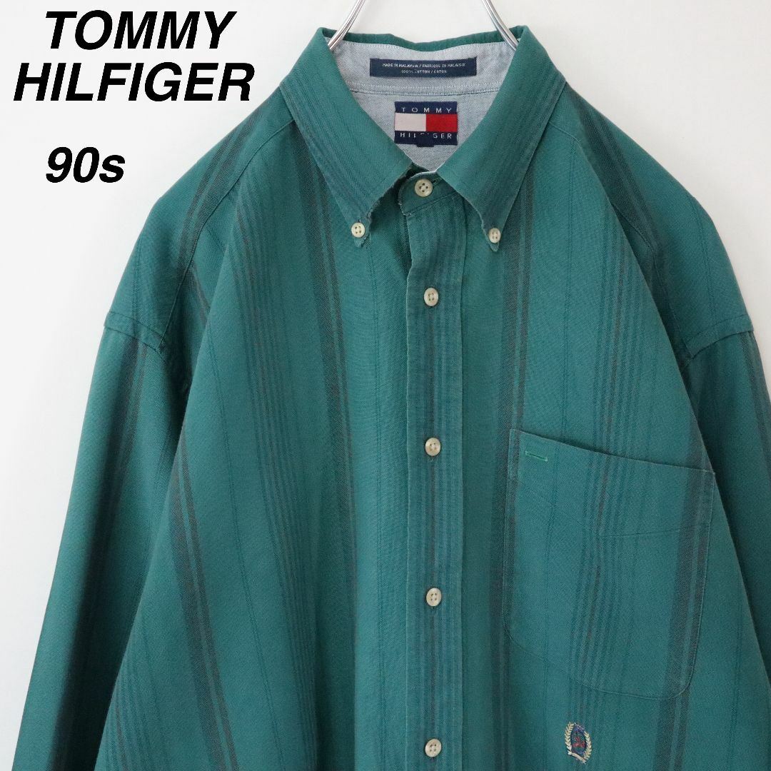 TOMMY HILFIGER(トミーヒルフィガー)の【90s】トミーヒルフィガー／ストライプシャツ　刺繍ロゴ　緑　ヴィンテージ　古着 メンズのトップス(シャツ)の商品写真