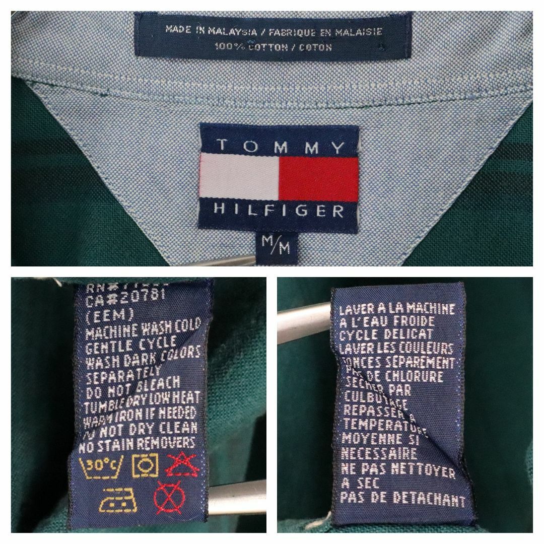 TOMMY HILFIGER(トミーヒルフィガー)の【90s】トミーヒルフィガー／ストライプシャツ　刺繍ロゴ　緑　ヴィンテージ　古着 メンズのトップス(シャツ)の商品写真