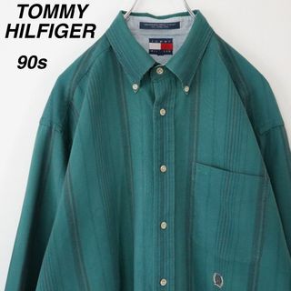 TOMMY HILFIGER - 【90s】トミーヒルフィガー／ストライプシャツ　刺繍ロゴ　緑　ヴィンテージ　古着