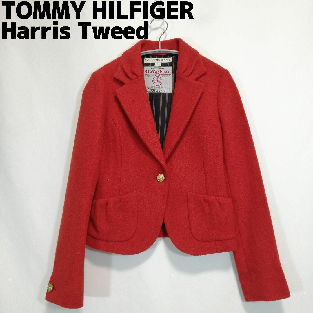 TOMMY HILFIGER(トミーヒルフィガー)のトミーヒルフィガー ハリスツイード 金ボタンウールテーラードジャケット レッド レディースのジャケット/アウター(テーラードジャケット)の商品写真